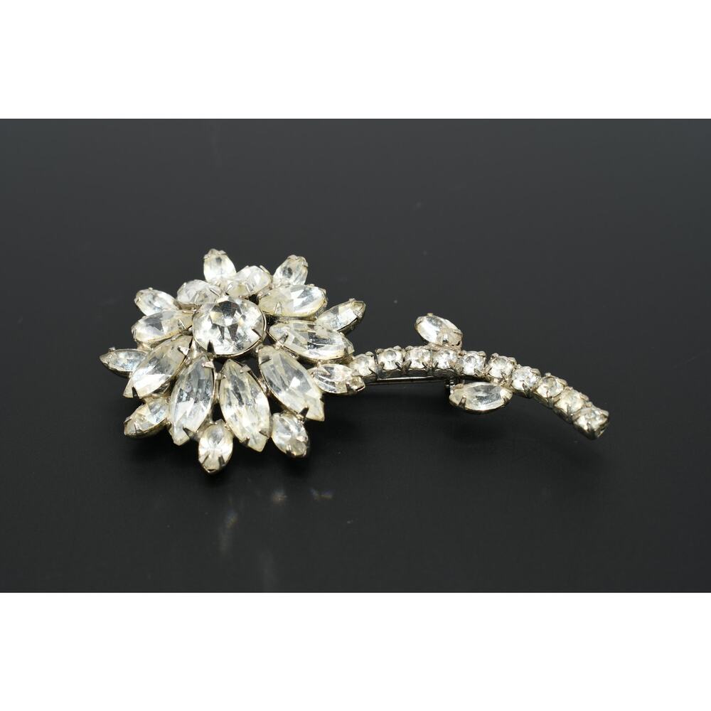 Vintage Clear Rhinestone Flower Brooch 3" Prong Set Silver Tone Pin